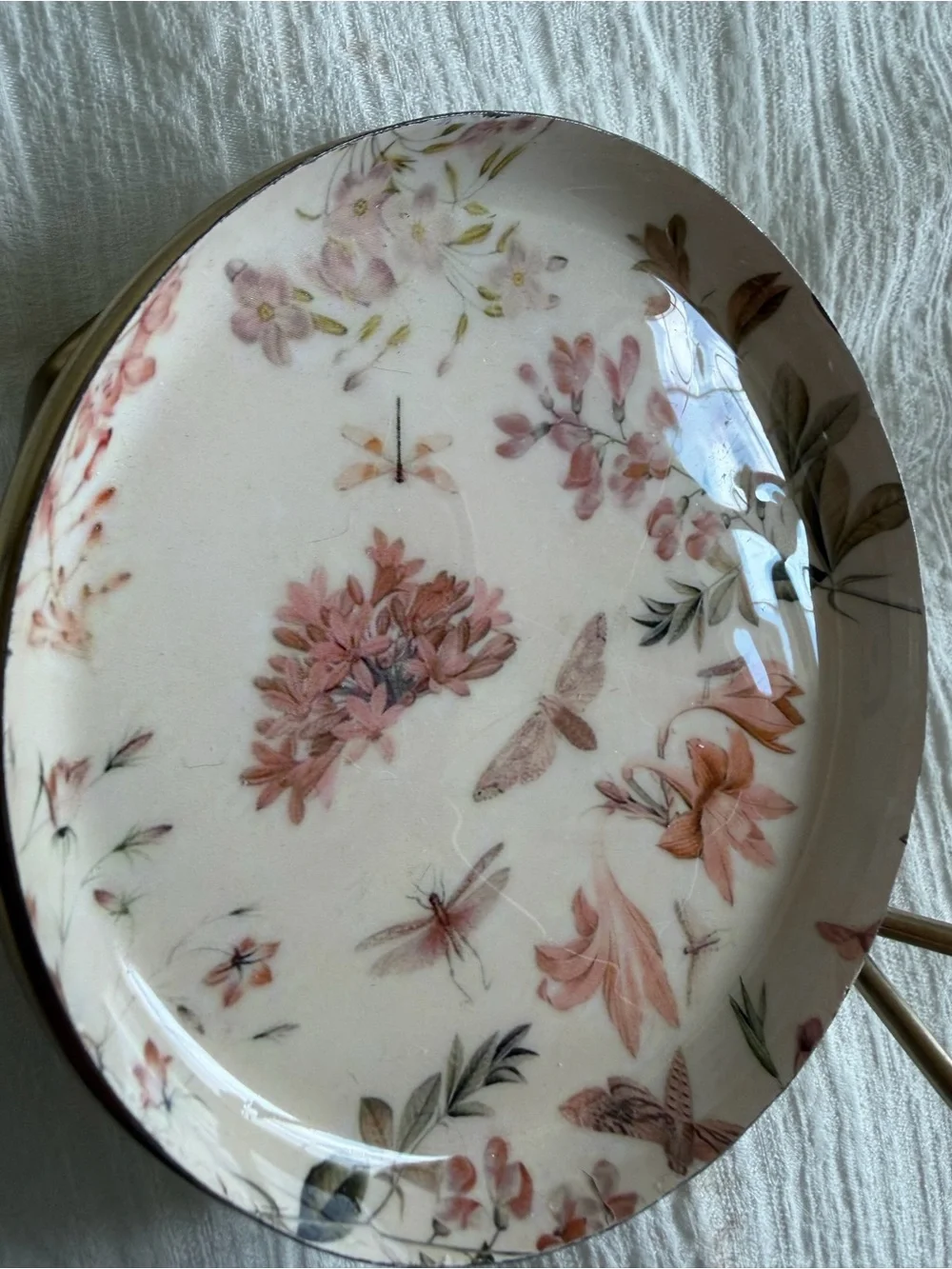 3-Tier Floral Ceramic Jewelry Stand with Gold Dragonfly Handle | Trinket Tray